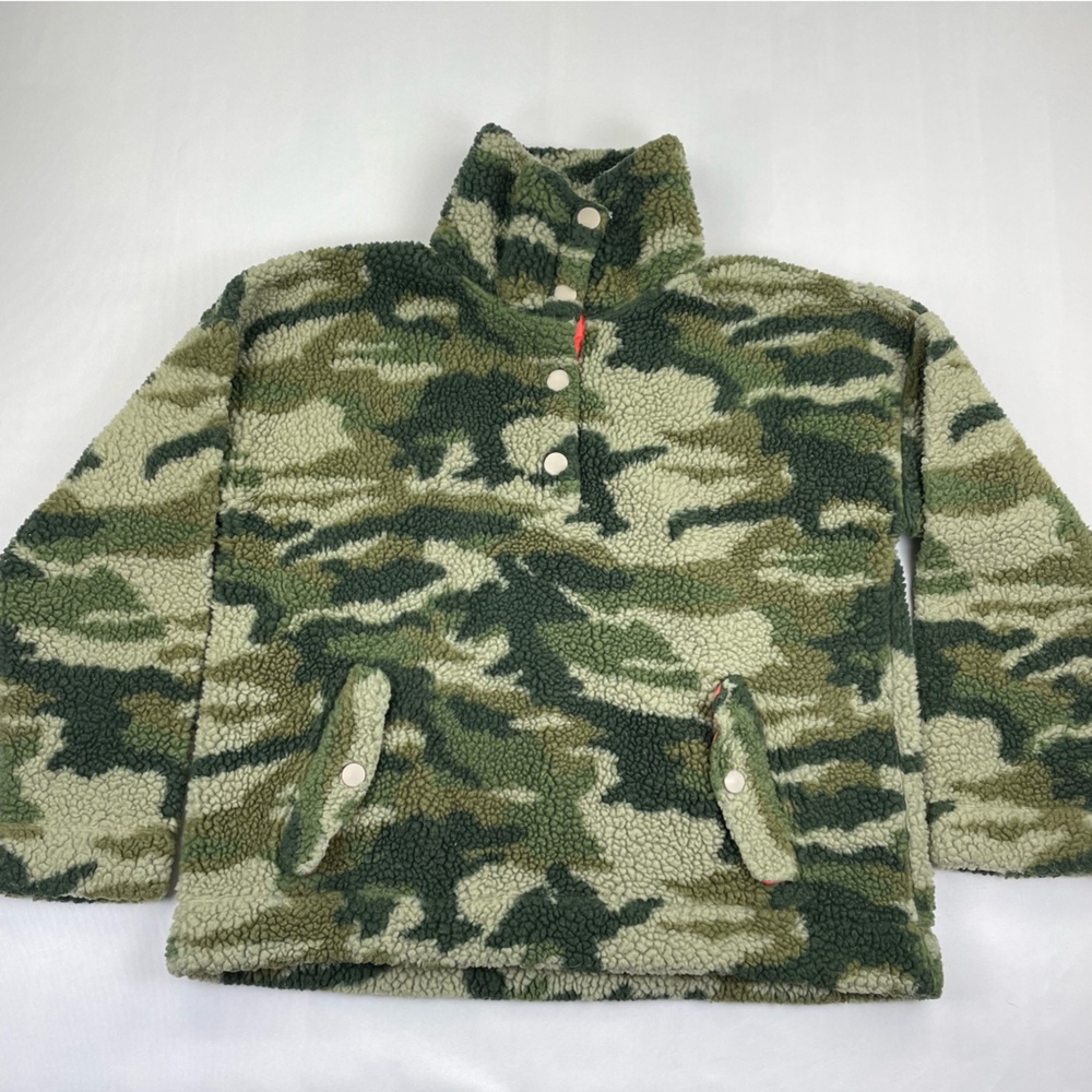 J Crew Vintage Fleece Sweater Womens Medium Camo Print 1/4 Snap Army Camouflage